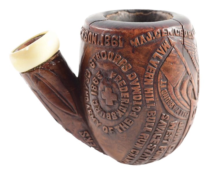 EXCEPTIONAL CIVIL WAR CARVED PIPE OF JOHN CRAWFORD CO. F 18TH NEW YORK VOLUNTEERS.