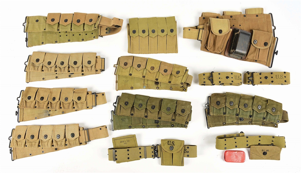 LOT OF 13: US MILITARY AMMUNITION BELTS AND THOMPSON POUCH.
