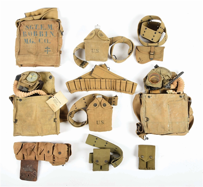 LARGE LOT OF AMERICAN MILITARY FIELD GEAR, AMMUNITIONS BELTS, AND CANTEENS.