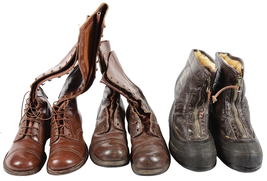 LOT OF THREE PAIRS OF WORLD WAR II BOOTS: MODEL 1931 BOOTS, PARATROOPER BOOTS, AND TYPE A-6 FLIGHT BOOTS