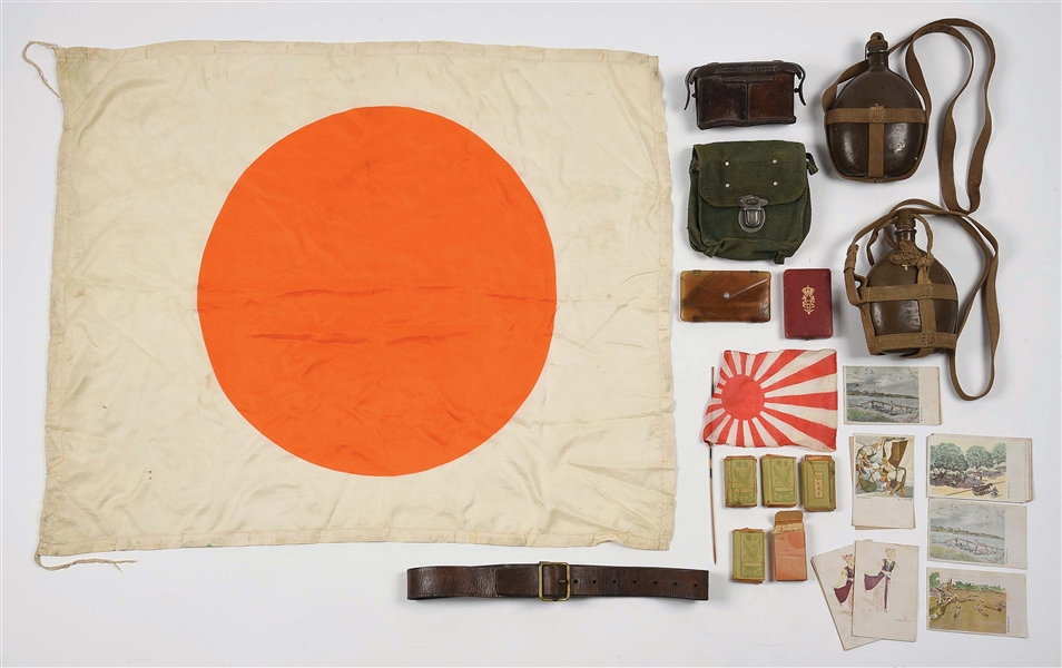 LOT OF WORLD WAR II JAPANESE FIELD GEAR, FLAGS, AND MEMORABILIA.