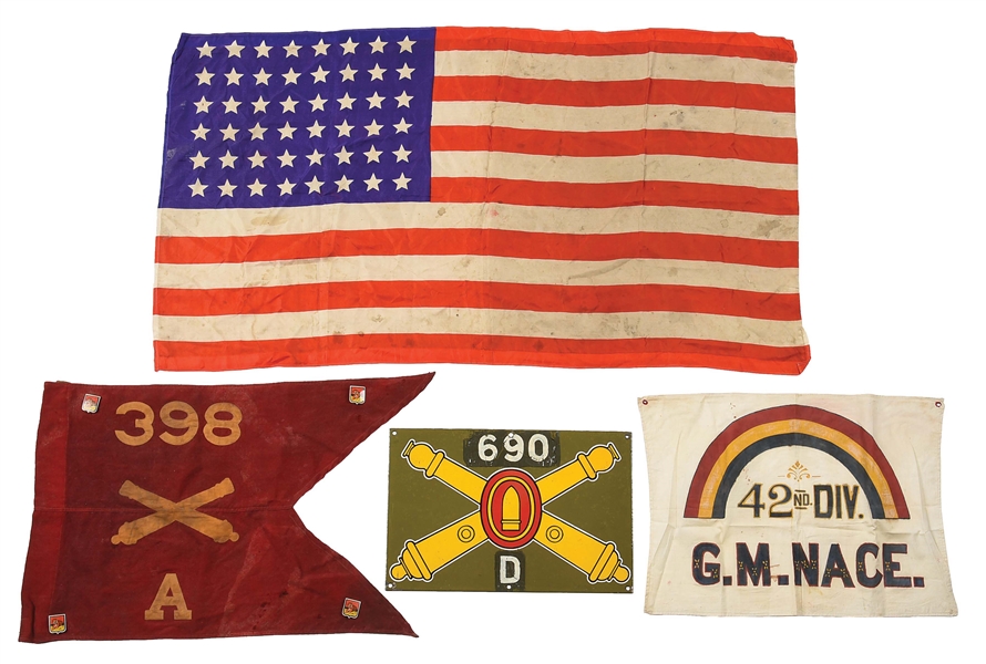 LOT OF MILITARIA, FLAGS, AND ENAMELED COAST ARTILLERY SIGN.