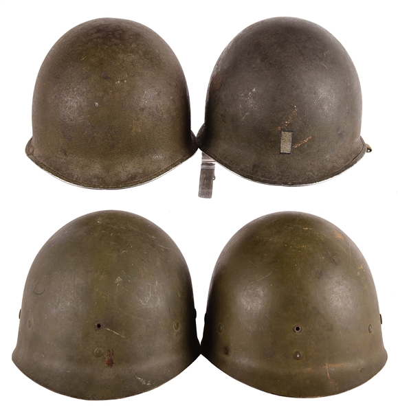LOT OF FOUR: TWO WORLD WAR II M1 HELMETS WITH LINERS AND TWO EXTRA LINERS