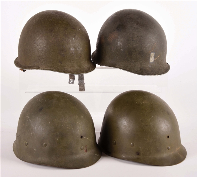 Lot Detail - LOT OF FOUR: TWO WORLD WAR II M1 HELMETS WITH LINERS AND ...