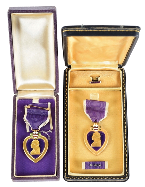 OUTSTANDING LOT OF TWO PURPLE HEART MEDALS AND TWO KIA PURPLE HEART CERTIFRICATES IN ORIGINAL MAILING TUBES