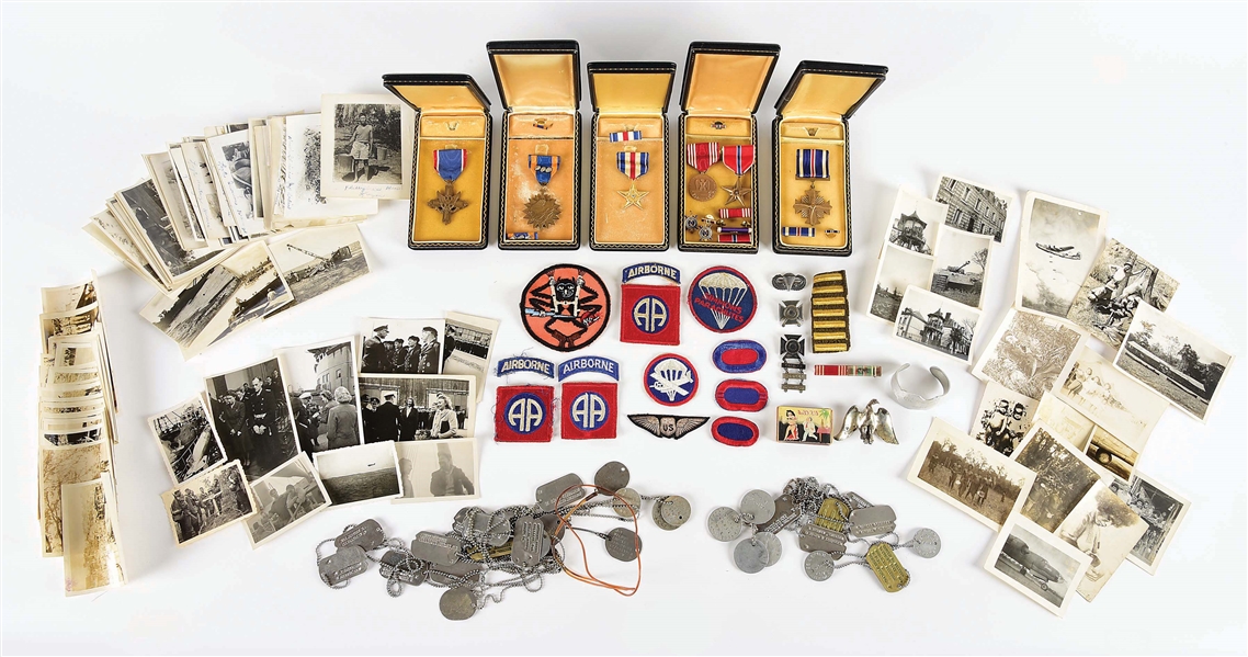 LOT OF AMERICAN MILITARY MEDALS, PATCHES, AND DOG TAGS.