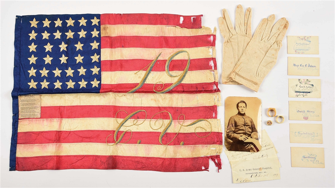A RARE TIFFANY GUIDE FLAG OF THE 19TH CONNECTICUT & OTHER CIVIL WAR EFFECTS OF SERGEANT GEORGE E. JUDSON.