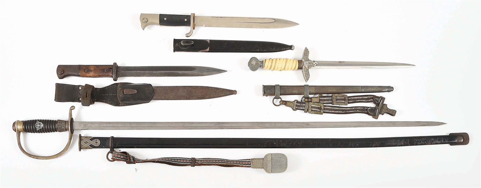 LOT OF 4:  GERMAN WWII BAYONETS, LUFTWAFFE DAGGER, AND POLICE SWORD.