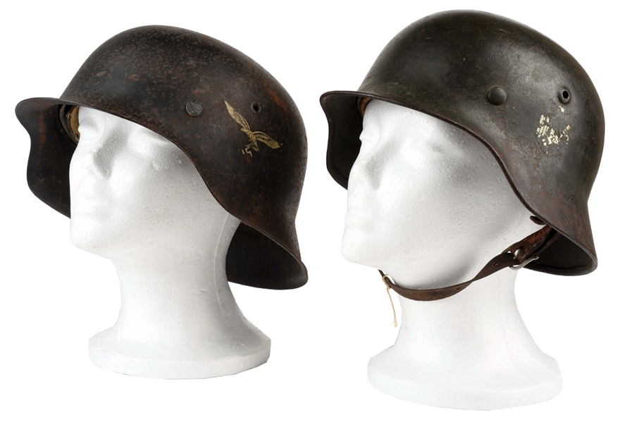 LOT OF 2: GERMAN WWII HELMETS: HEER M40 SINGLE DECAL HELMET AND LUFTWAFFE M42 SINGLE DECAL SHELL.