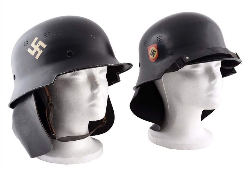 LOT OF 2: THIRD REICH M34 FIRE POLICE HELMETS WITH NECK GUARDS.