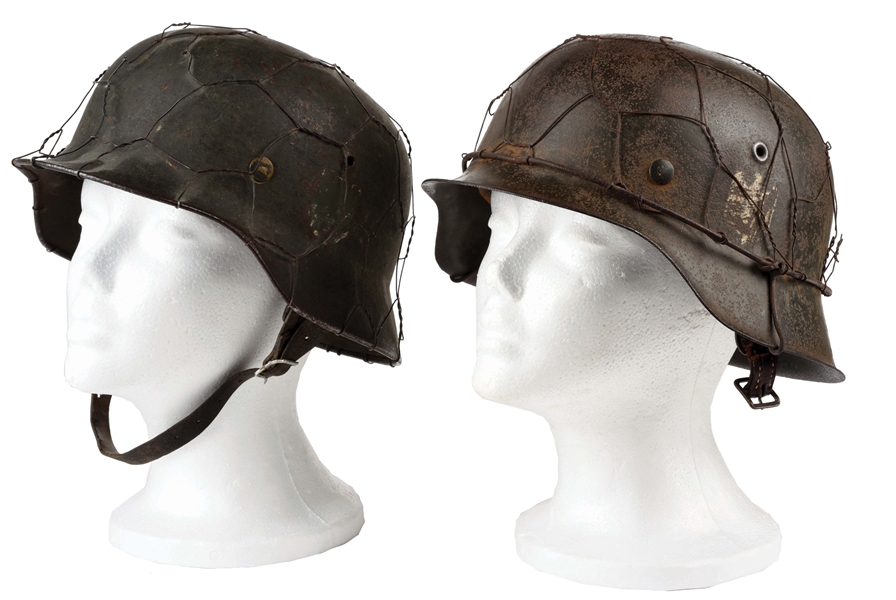 LOT OF 2: GERMAN WWII HEER M42 AND M35 HELMETS WITH CHICKEN WIRE.