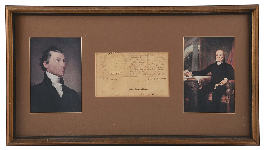 FRAMED DOCUMENT SIGNED BY JOHN QUINCEY ADAMS AND JAMES MONROE.