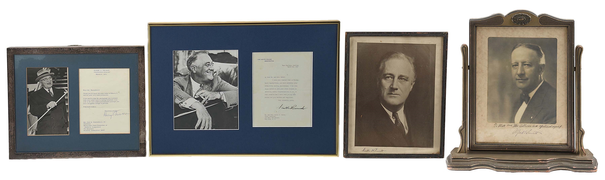 LOT OF 4 FRAMED SIGNATURES: 2 FRANKLIN ROOSEVELT SIGNATURES 1 HARRY TRUMAN LETTER AND 1 ALFRED SMITH SIGNATURE.