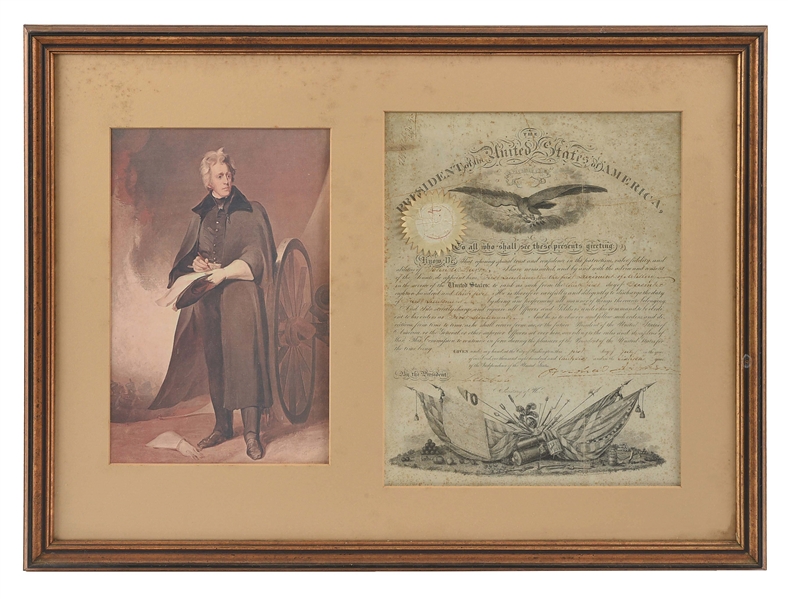 LARGE MATTED AND FRAMED ANDREW JACKSON SIGNED DOCUMENT WITH ACCOMPANYING PORTRAIT.