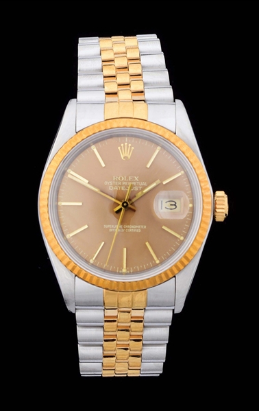 MENS TWO TONE ROLEX DATEJUST IN STEEL & 18K GOLD W/BRONZE INDEX DIAL & BOX, REF. 16013.