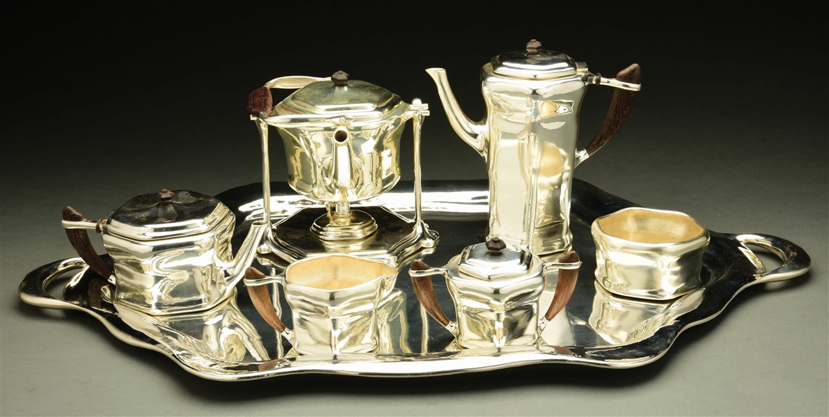 TIFFANY STUDIOS SILVERED SERVING SET AND TRAY.