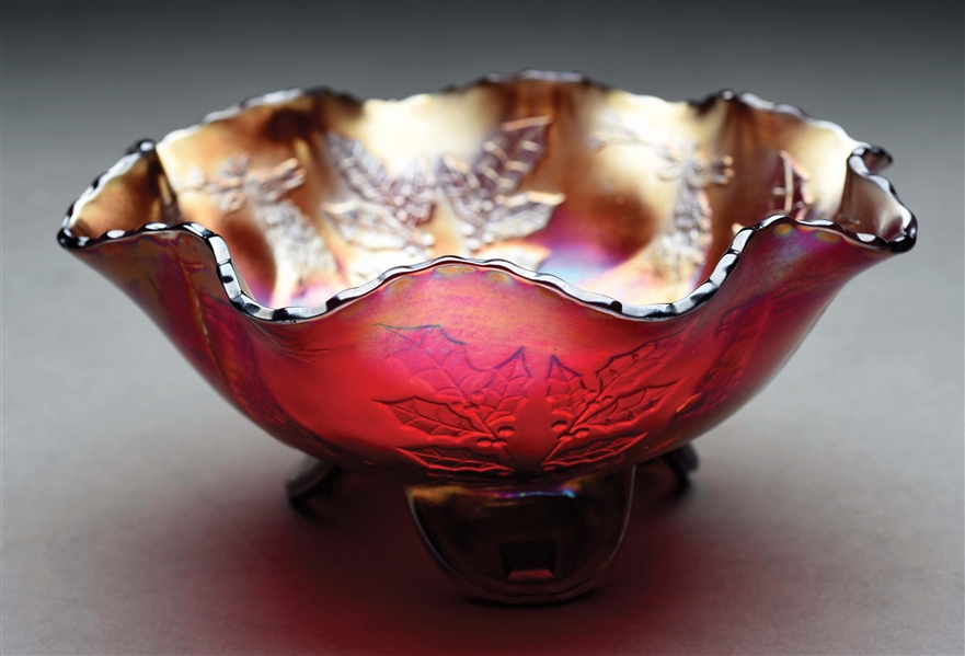 STAG AND HOLLY RED SPATULA-FOOTED BOWL.
