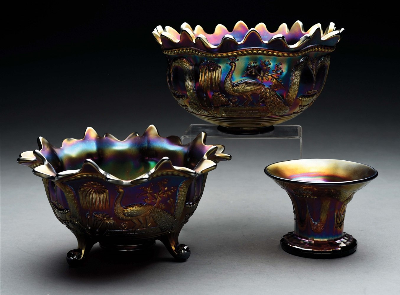 PEACOCK AND FOUNTAIN PUNCH BOWL AND BASE AND FRUIT BOWL.