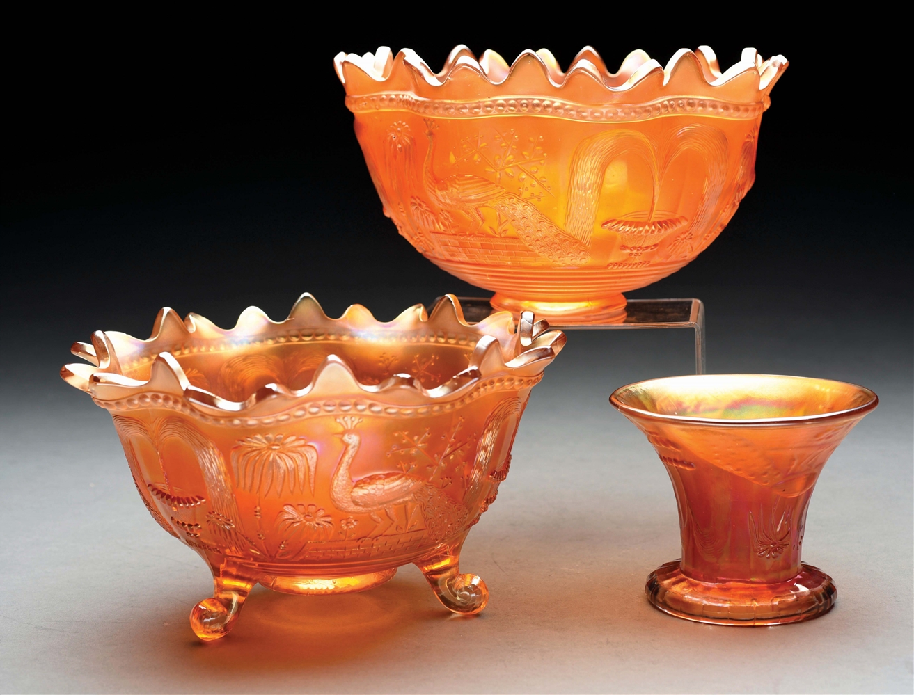 PEACOCK NORTHWOOD MARIGOLD PUNCH BOWL AND BASE AND FRUIT BOWL.