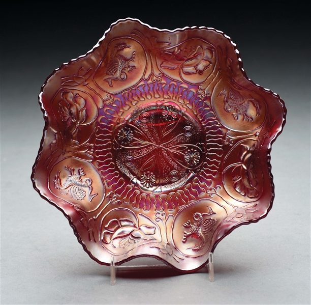 DRAGON AND LOTUS RUFFLED RED BOWL.