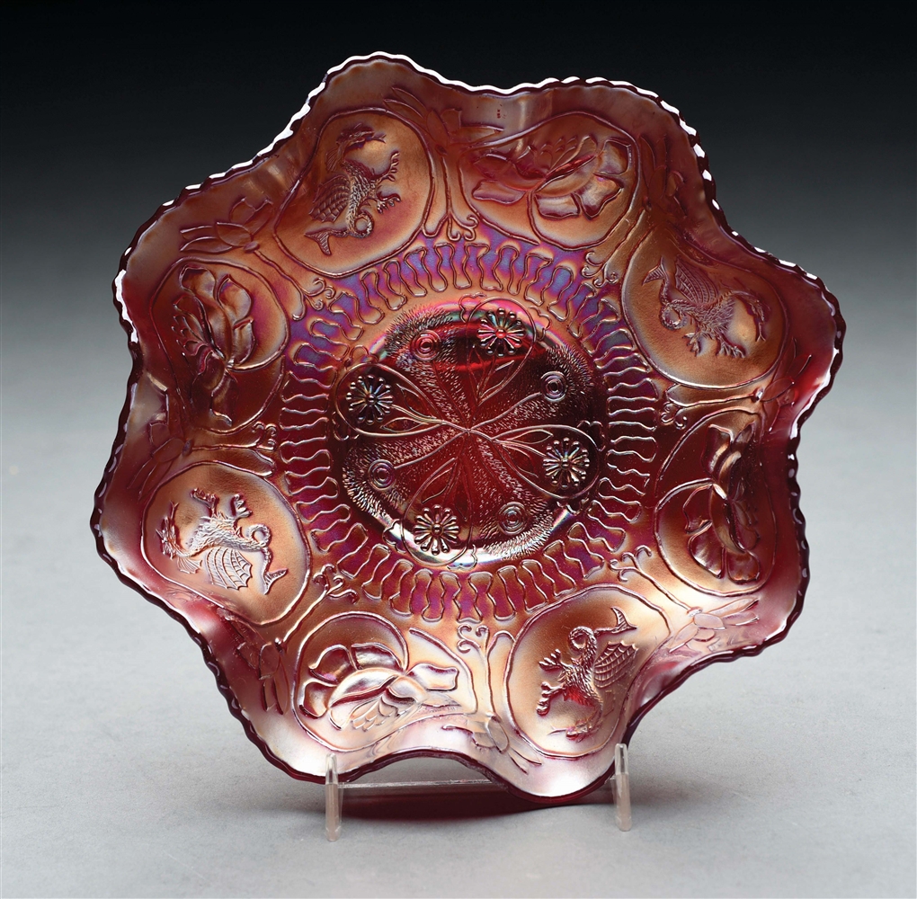 DRAGON AND LOTUS RUFFLED RED BOWL.