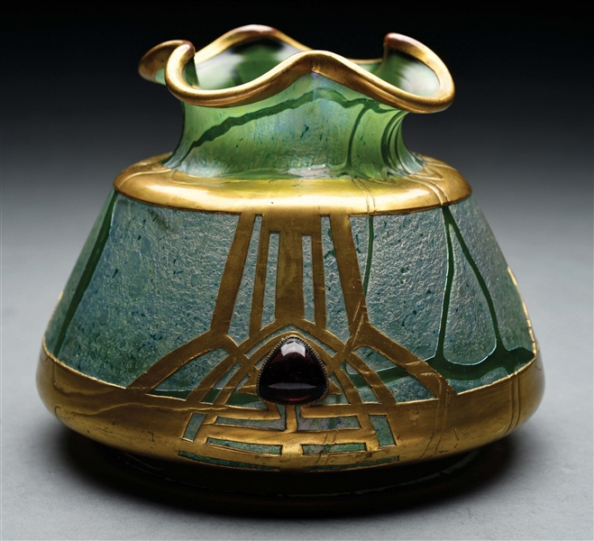 Loetz Austrian Art Nouveau Hand Blown Glass Vase With Copper Overlay Barnebys