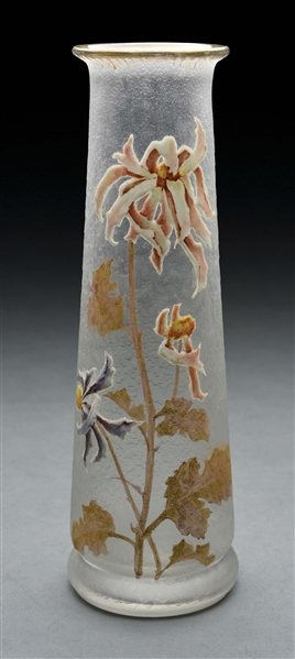 MOUNT JOY ENAMELED ART GLASS VASE.