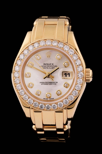 LADIES 18K GOLD ROLEX DIAMOND PEARLMASTER DATEJUST WRISTWATCH W/MOTHER OF PEARL DIAL, REF. 69298.