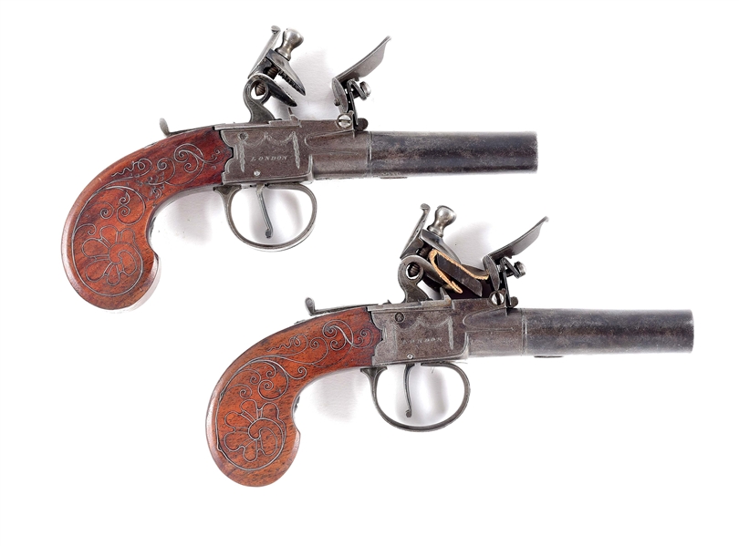 (A) A GOOD PAIR OF BASS AND CO MUFF PISTOLS WITH SILVER INLAID GRIPS.
