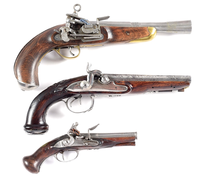 (A) LOT OF 3: TWO FLINTLOCK AND ONE PERCUSSION PISTOLS.