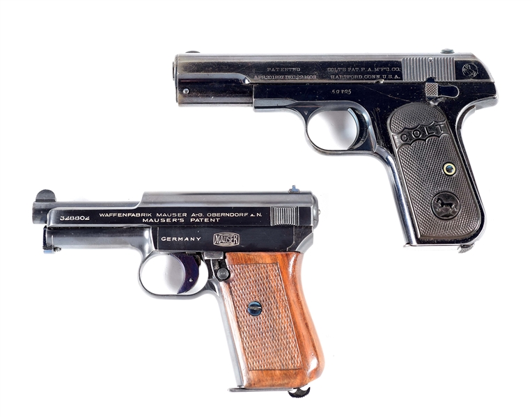 (C) LOT OF 2: COLT 1903 HAMMERLESS AND MAUSER 1934 SEMI AUTOMATIC PISTOLS.