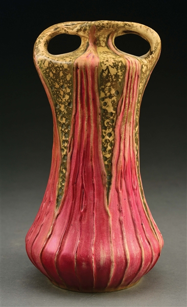 AMPHORA RED LEAF TWO-HANDLED VASE WITH RETICULATED HANDLES.