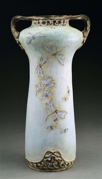 TALL AMPHORA DOUBLE-HANDLED APPLIED DRAGONFLY VASE.