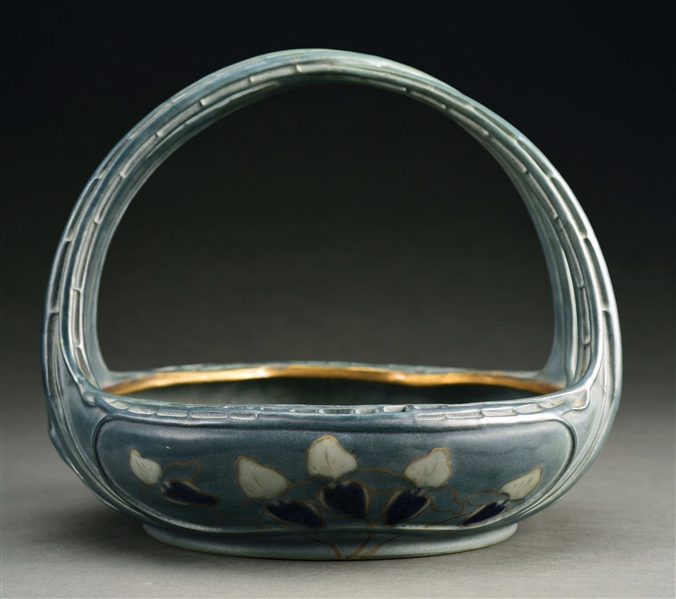 PAUL DACHSEL HANDLED RETICULATED BASKET WITH ENAMELED FLOWERS.