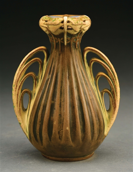 PAUL DACHSEL TWO-HANDLED DRAGONFLY VASE WITH RETICULATED TOP.