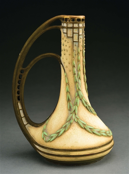 PAUL DACHSEL HANDLED RETICULATED TOP VASE WITH ENAMELED APPLIED LEAFS IN RELIEF.