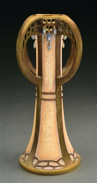 PAUL DACHSEL FOUR-HANDLED RETICULATED VASE WITH TEARDROPS.