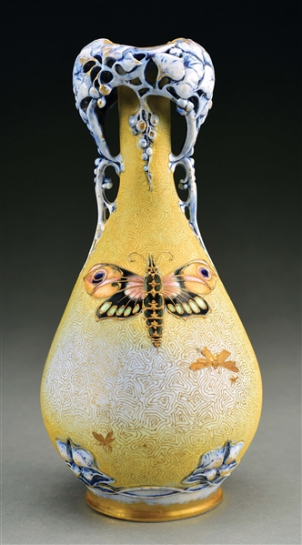 AMPHORA ENAMELED BUTTERFLY VASE WITH RETICULATED FLORAL TOP.