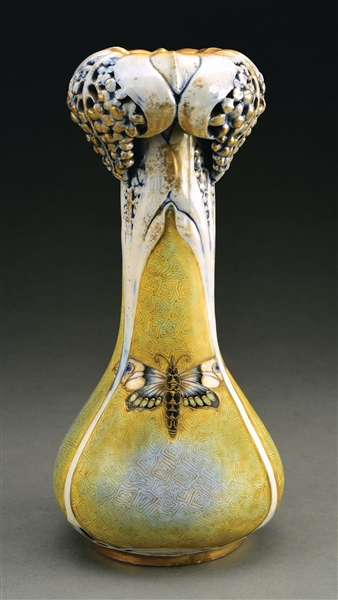 AMPHORA ENAMELED BUTTERFLY AND RETICULATED FLORAL TOP VASE WITH SECESSIONIST DECORATION.