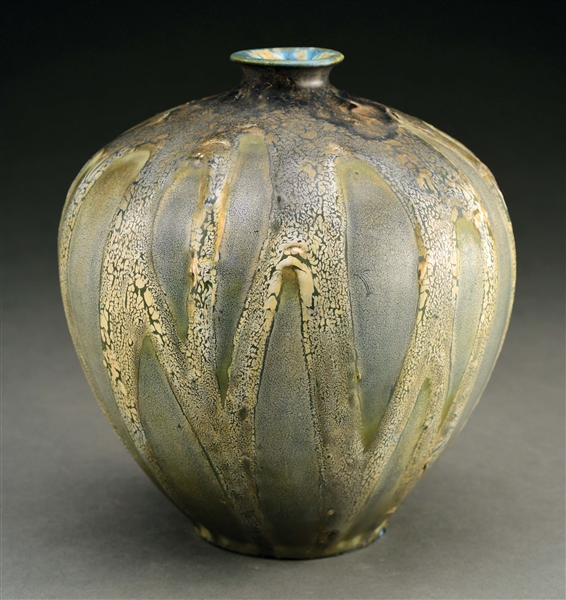 AMPHORA EXPERIMENTAL FOREST VASE WITH UNUSUAL GLAZE APPLICATION.