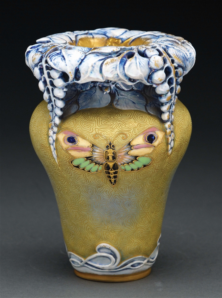 AMPHORA ENAMELED BUTTERFLY AND RETICULATED FLORAL TOP VASE WITH SECESSTIONIST DECORATION.