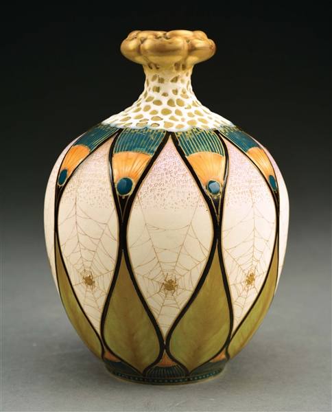 AMPHORA SPIDER WEB AND ENAMELED FLORAL VASE WITH RETICULATED TOP.