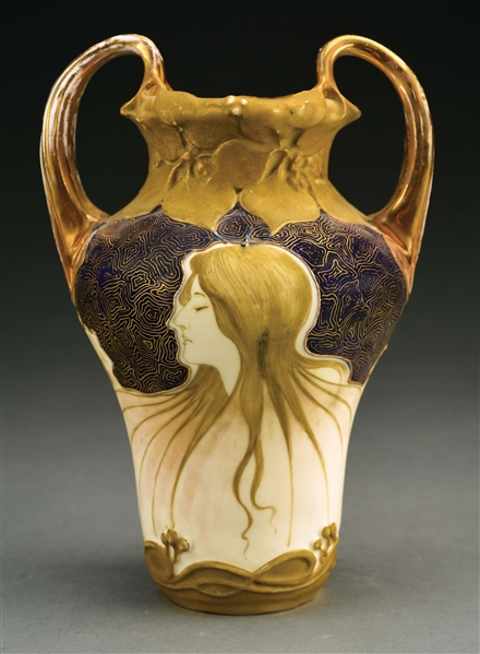 AMPHORA MATTE AND ENAMELED TWO-HANDLED PORTRAIT VASE WITH ENAMELED BUTTERFLY ON OPPOSITE SIDE.
