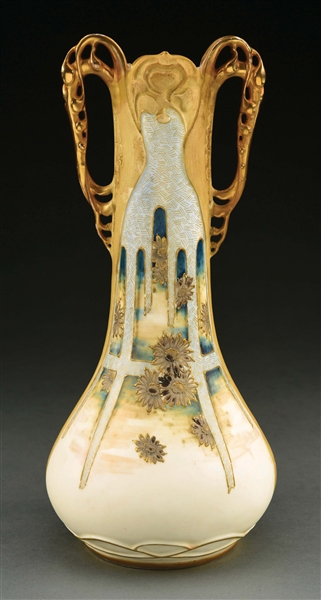 AMPHORA TWO-HANDLED FLORAL VASE WITH APPLIED FLOWERS AND SECESSIONIST DECORATION.