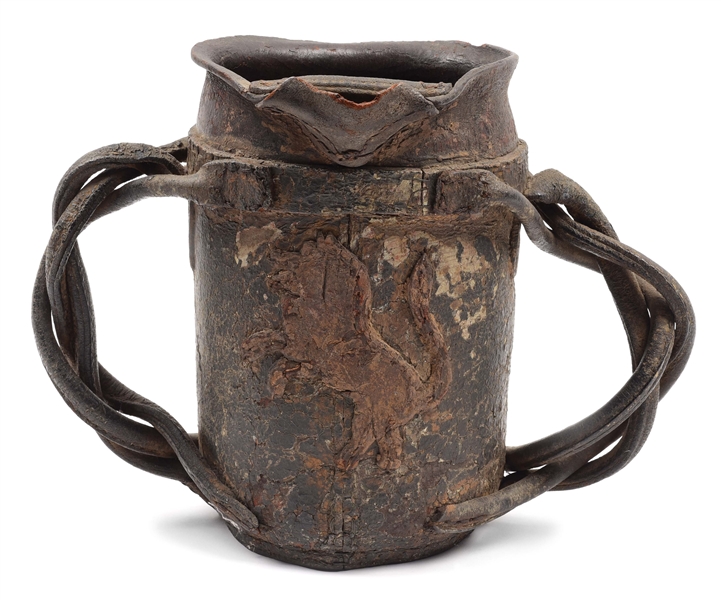 ELIZABETHAN TUDOR PERIOD LEATHER PITCHER WITH LATE MEDIEVAL PERIOD ROYAL LION.