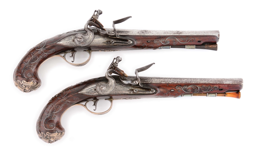 (A) EXTREMELY FINE PAIR OF ENGLISH SILVER MOUNTED AND WIRE INLAID FLINTLOCK OFFICERS PISTOLS BY PAGE.