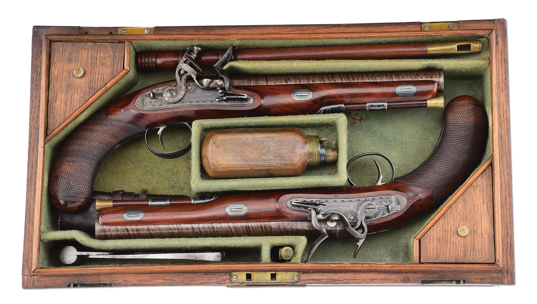 (A) FINE CASED PAIR OF ENGLISH FLINTLOCK DUELING PISTOLS BY MORTIMER.
