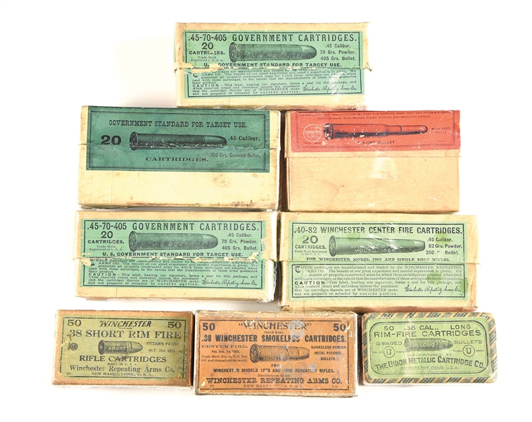 LOT OF EIGHT: EIGHT BOXES OF EARLY WINCHESTER AND UMC AMMUNITION.