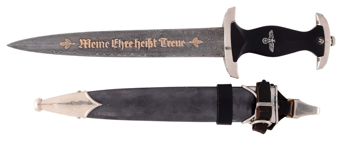 THIRD REICH SS DAGGER WITH REPRODUCTION DAMASCUS BLADE.