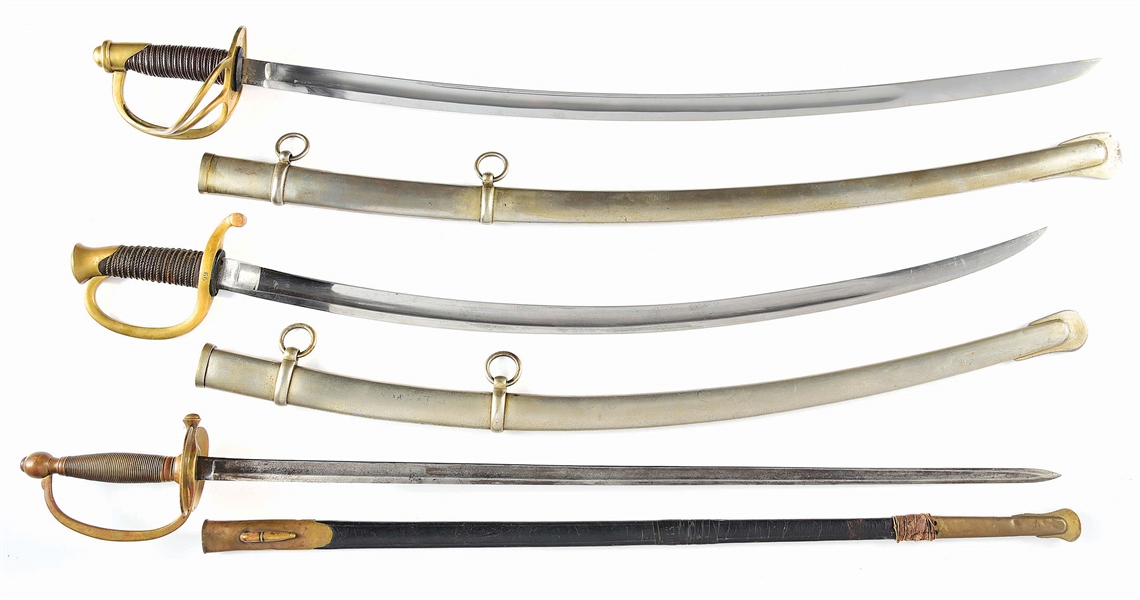 LOT OF 3 SWORDS: AMES 1840 LIGHT ARTILLERY, NCO, AND REPRO CAVALRY.